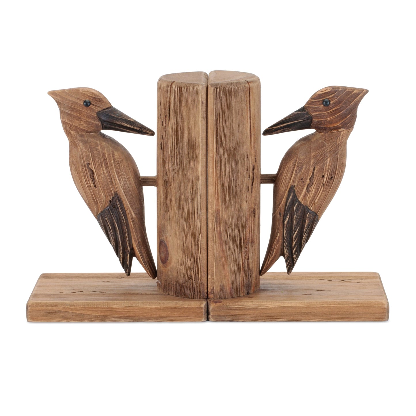 Set of 2 Rustic Pine Wood Woodpecker Bookends – Farmhouse Shelf Decor, Bird Bookends for Living Room & Home Office