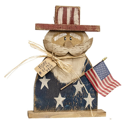 Rustic Wood Uncle Sam Patriotic Decor on Sitter Base